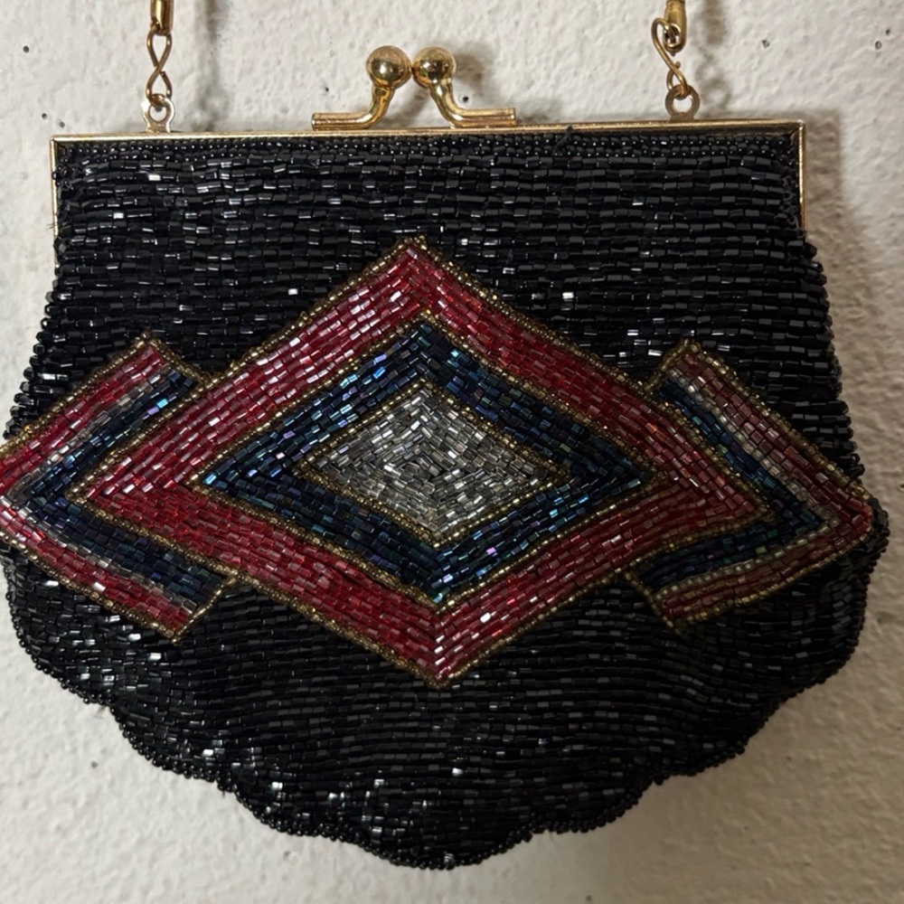 Vintage Beaded Purse Black, Pink, Blue! With long chain